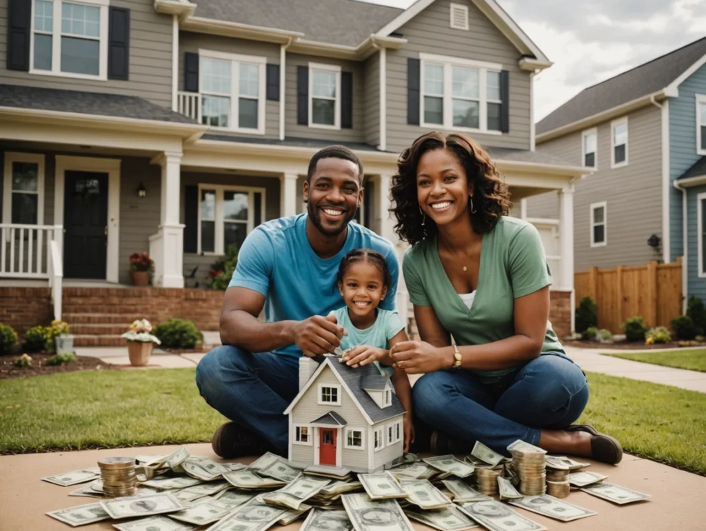 Family of three smiles beside a toy house surrounded by cash, celebrating homeownership or real estate investment in a suburban yard.